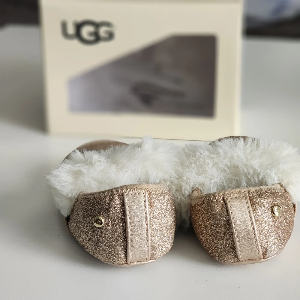UGG Baby Gold Glitter Ballet Flats With White Fluff Size 4/5